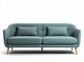 Two-seater sofa in light blue fabric with wooden legs and two cushions