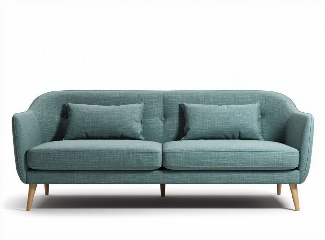 Two-seater sofa in light blue fabric with wooden legs and two cushions