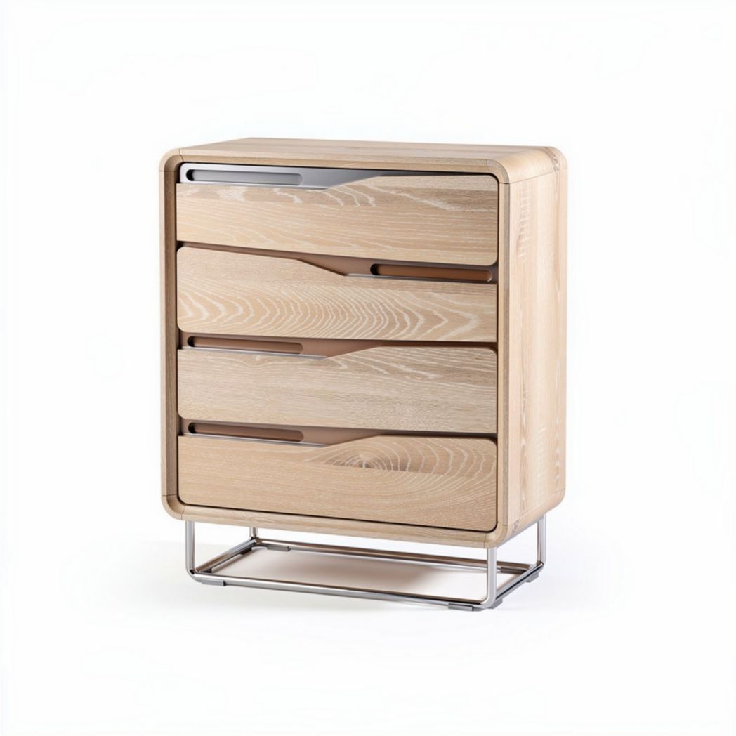 Natural wood finish four-drawer storage cabinet with metal base 45 x 40 x 60cm