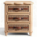Wooden nightstand with three woven storage baskets and leather handles 40 x 35 x 70cm
