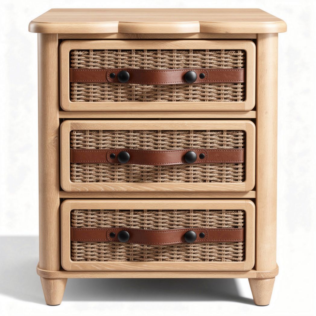 Wooden nightstand with three woven storage baskets and leather handles 40 x 35 x 70cm