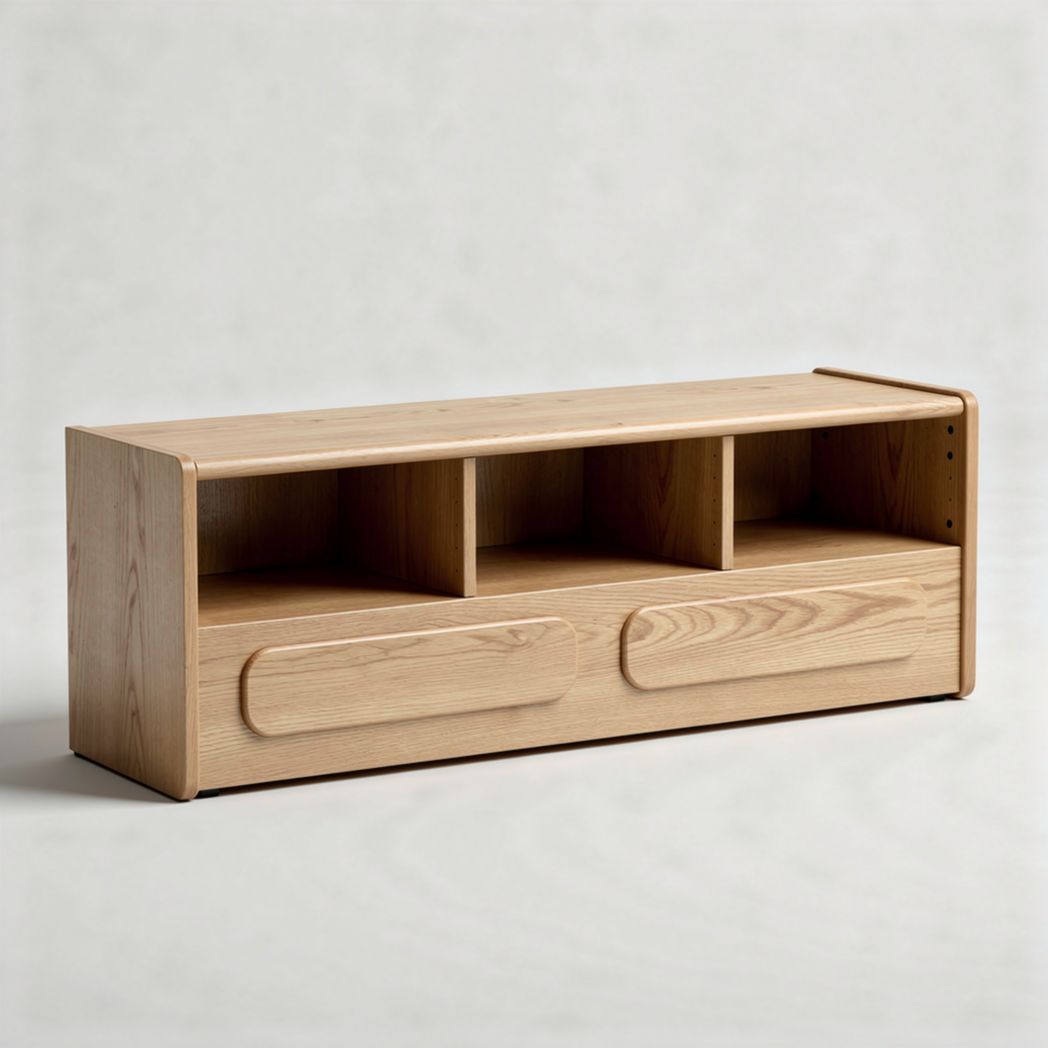 Ash wood media console with open storage and two sliding drawers 120 x 40 x 30cm