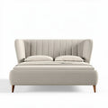 Upholstered bed frame with tufted headboard in beige fabric 200 x 160 x 90cm