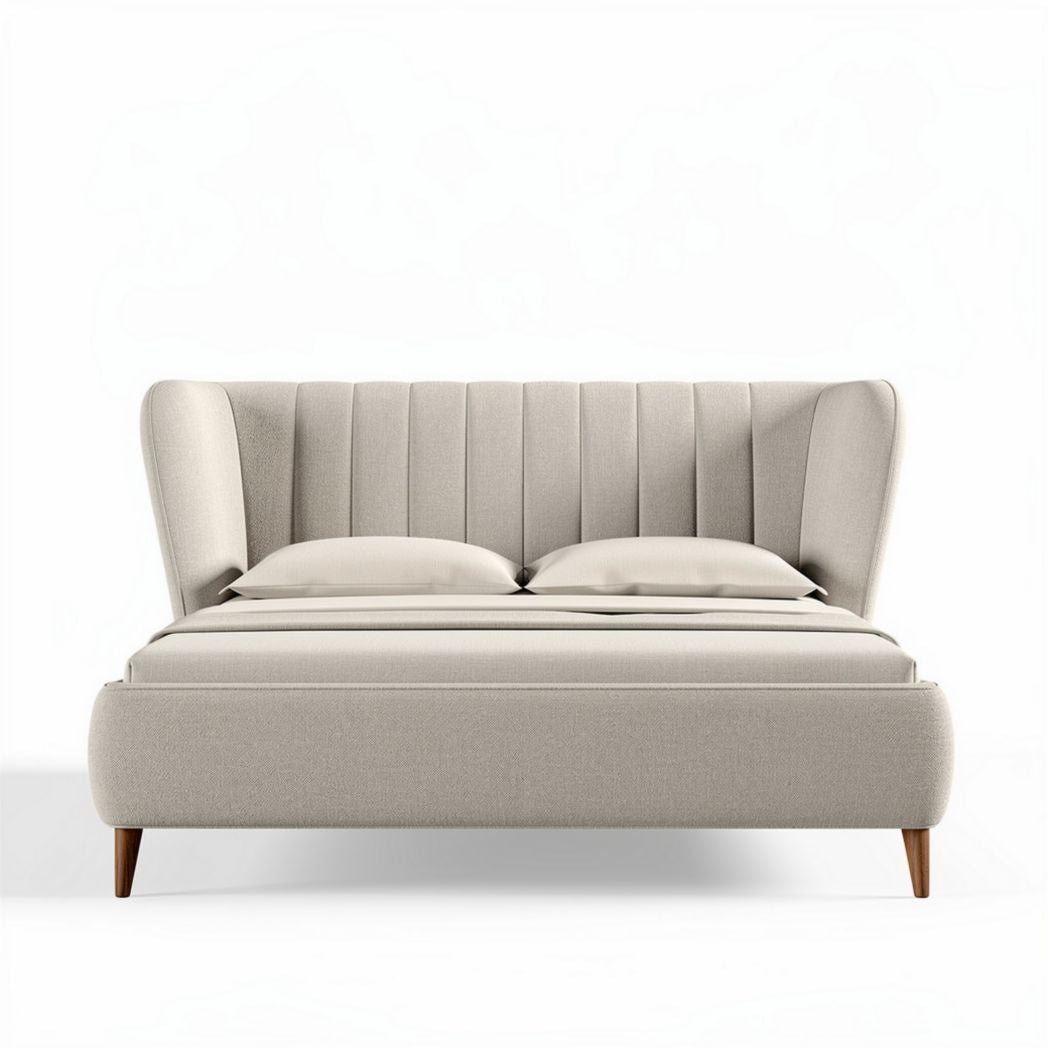 Upholstered bed frame with tufted headboard in beige fabric 200 x 160 x 90cm
