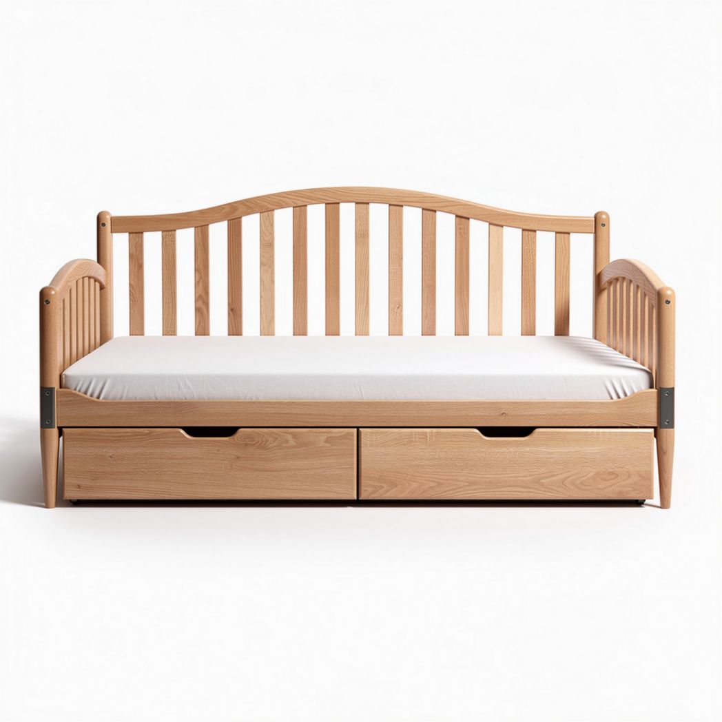 Wooden twin-size bed frame with storage drawers and slatted backrest