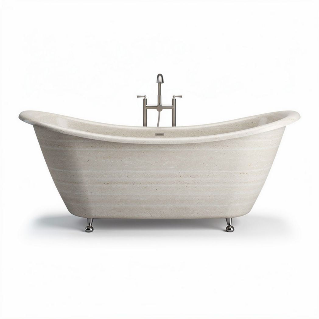 Freestanding stone bathtub with brushed nickel faucet 170 x 75 x 60cm