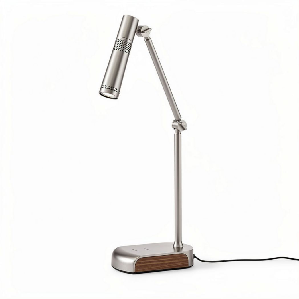 Metal desk lamp with adjustable arm and wooden base 25 x 15 x 40cm