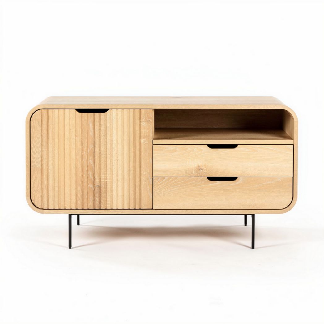 Natural wood storage cabinet with two drawers and open shelf 120 x 40 x 60cm