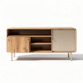 Wooden storage cabinet with sliding doors and open shelves 150 x 40 x 60cm