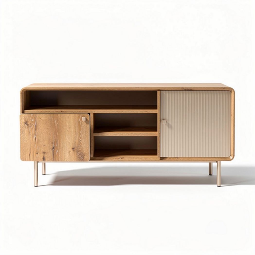 Wooden storage cabinet with sliding doors and open shelves 150 x 40 x 60cm